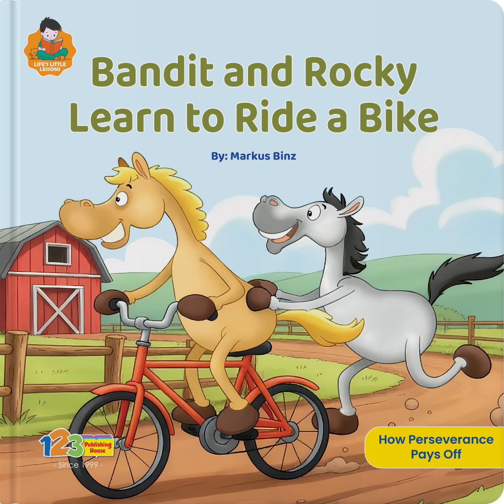 123 Publishing House book cover for 'Bandit and Rocky Learn to Ride a Bike' showing two horses with a bicycle.