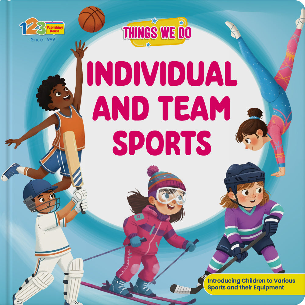 123 Publishing House book cover for 'Individual and Team Sports' showing kids playing sports.