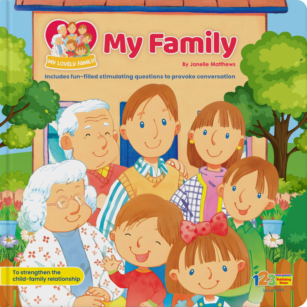 123 Publishing House book cover for 'My Family' featuring an illustrated extended family.