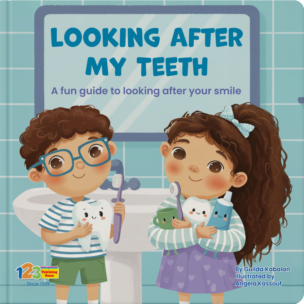 123 Publishing House book cover for 'Looking After My Teeth' featuring kids brushing their teeth.