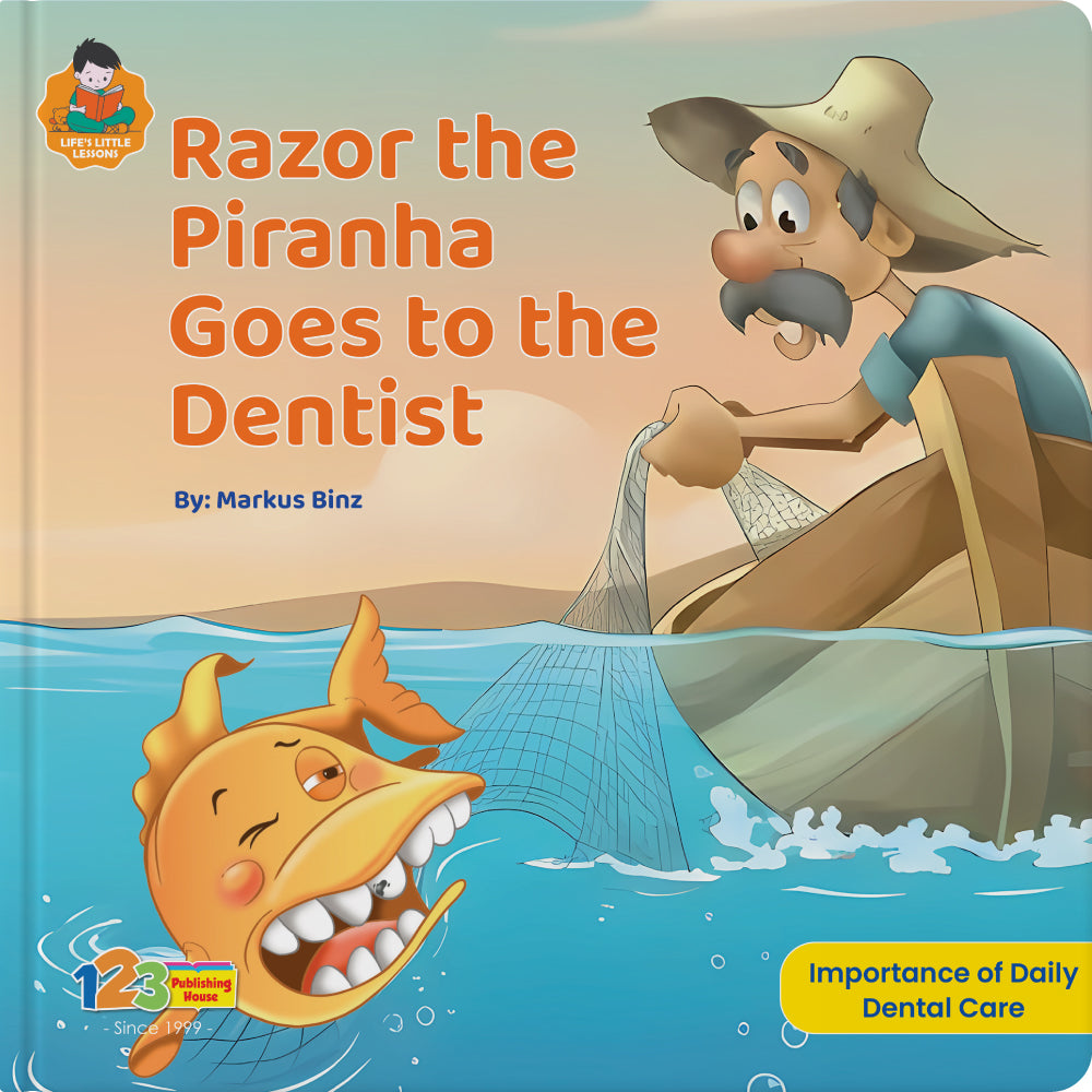 123 Publishing House book cover for 'Razor the Piranha Goes to the Dentist' showing a fish and a fisherman.