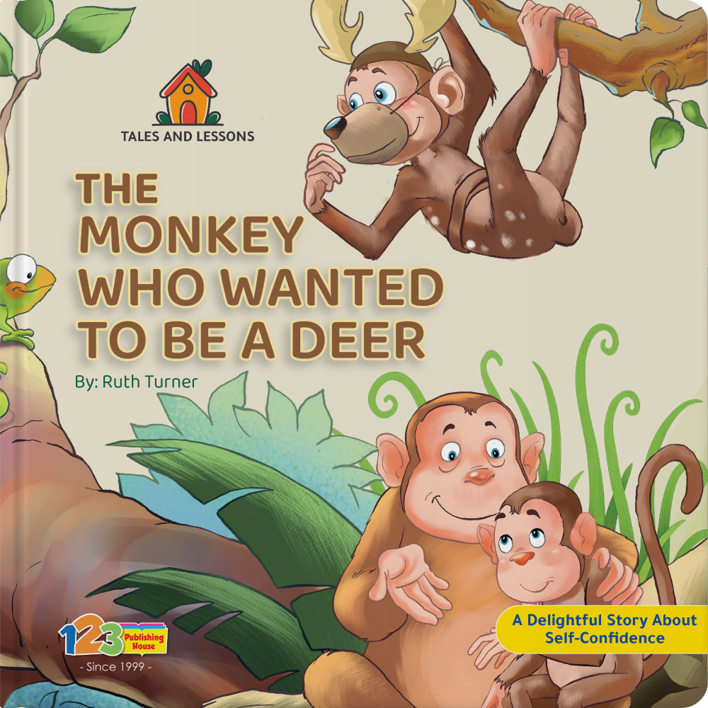 123 Publishing House book cover for 'The Monkey Who Wanted to be a Deer' featuring illustrated monkeys.