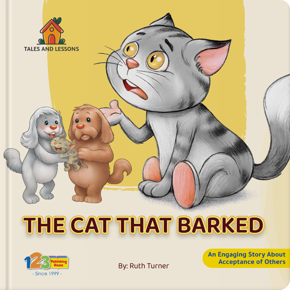 123 Publishing House book cover for 'The Cat That Barked' featuring illustrated dogs and a surprised cat.