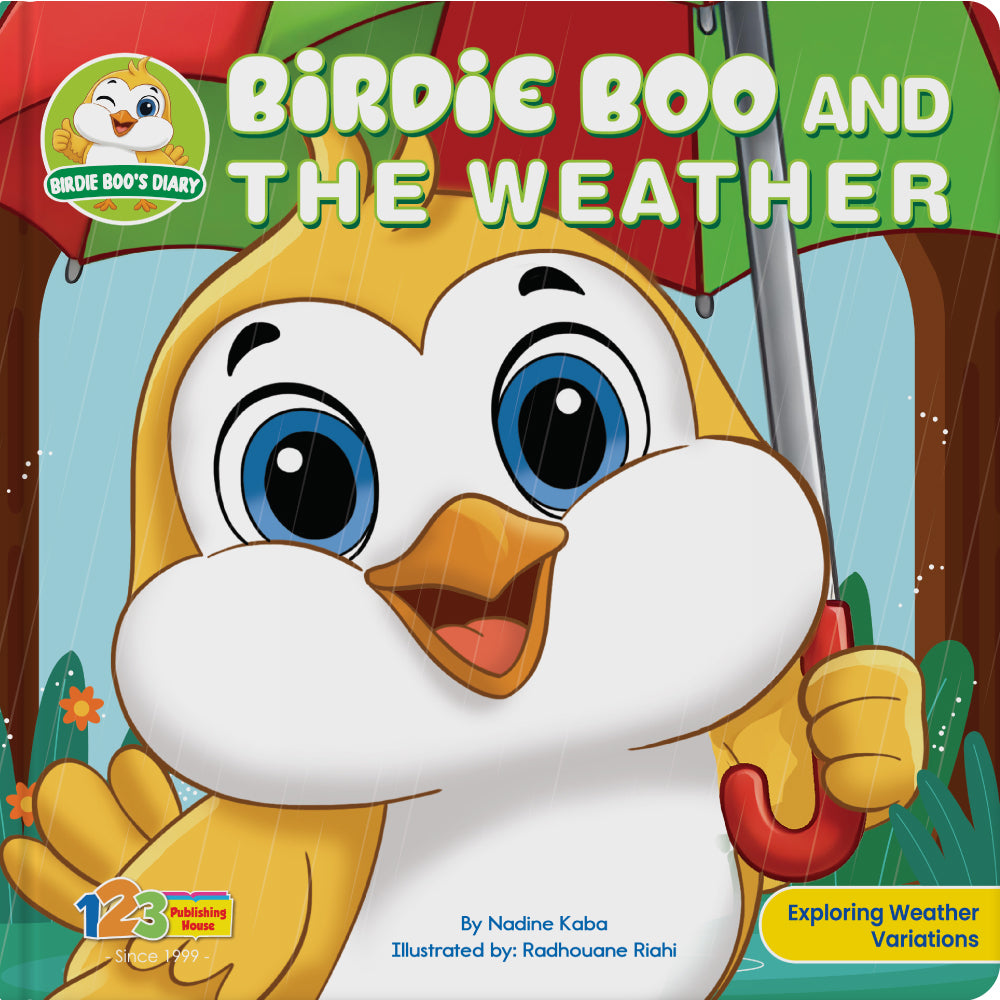 Birdie Boo and the Weather children's book cover by Nadine Kaba and 123 Publishing House.