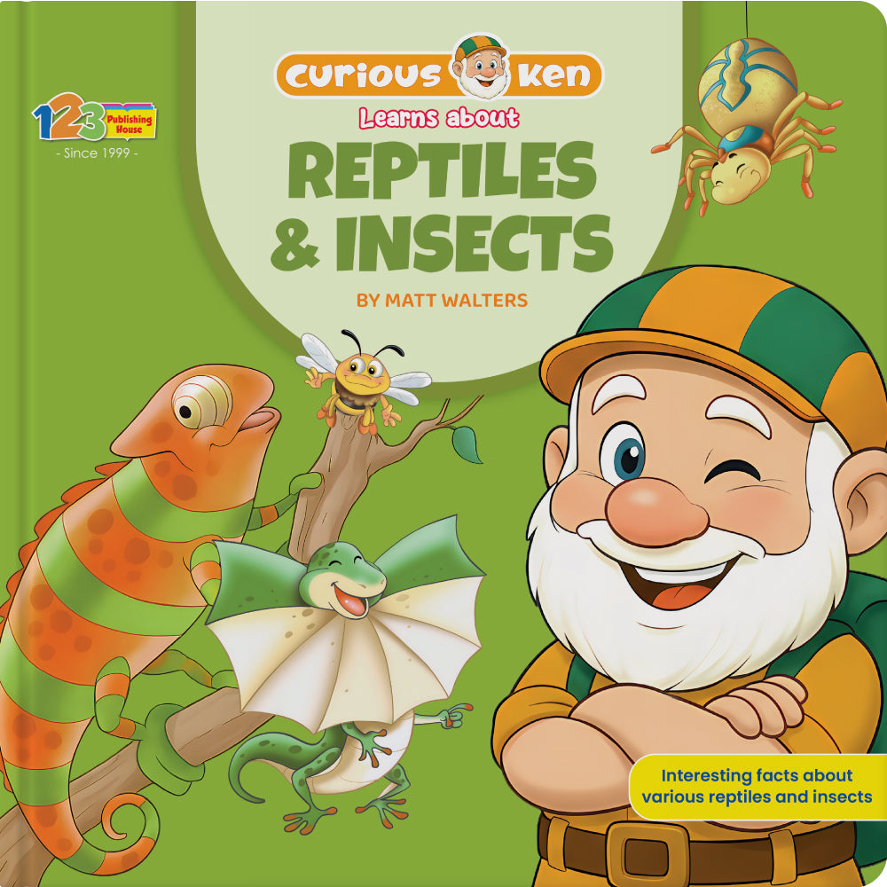 Curious Ken Learns about Reptiles & Insects children's book cover by Matt Walters and 123 Publishing House.
